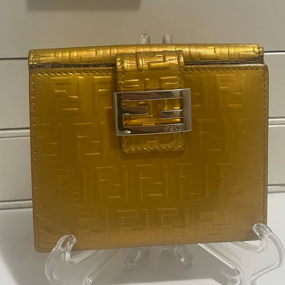 Fendi Zucchino Bifold Compact Wallet in gold metallic monogram; EUC